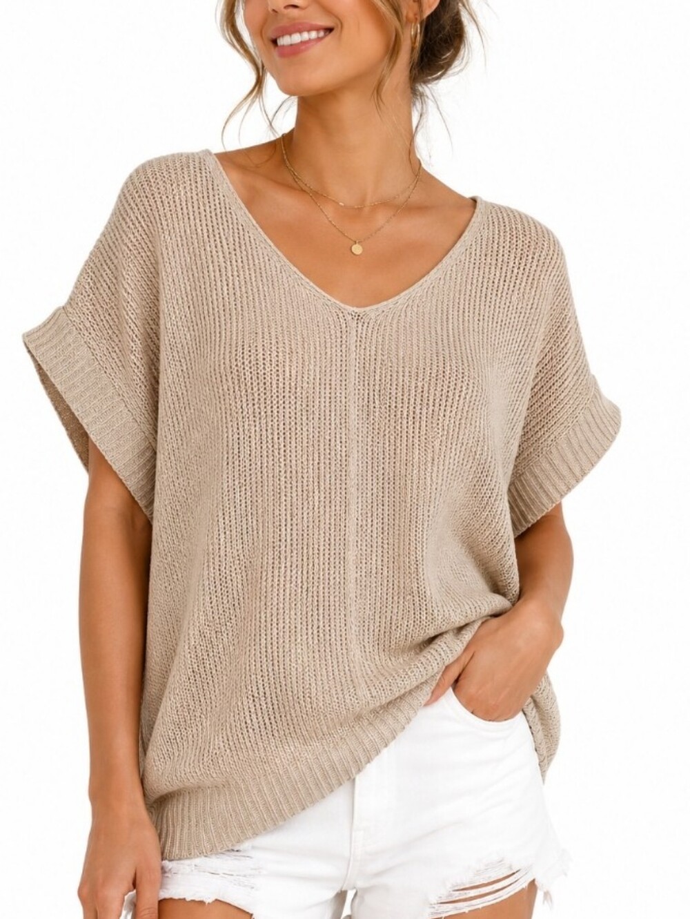 Lovlov Neutral Knit Dolman Sweater Top Short Sleeve Beige Size Small